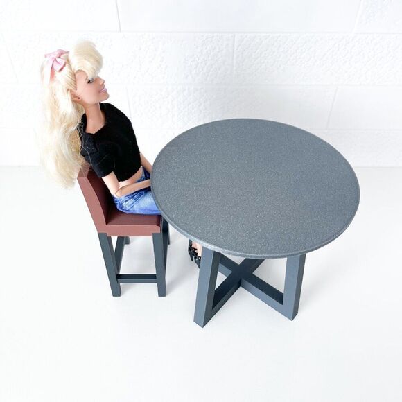 Miniature Barbie Bistro Gray Table 4 Chairs 3D Printed Dollhouse Furniture - Picture 3 of 6